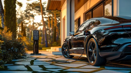 Fotobehang 充電ドックに複数の電気自動車を並べた持続可能な交通コンセプト。カーボンニュートラル社会。 © Imaging L
