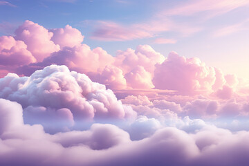 Pastel lilac clouds drifting across a soft teal sky, offering a dreamy and whimsical background for a creative and imaginative presentation. - obrazy, fototapety, plakaty