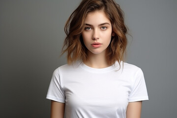 Obraz premium Woman in White Tshirt Mockup created with Generative AI
