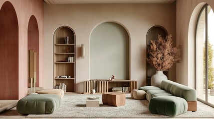 3d mockups scene for modern living room, in the style of pastel toned, arched doorways, light emerald and light brown, organic texture, light crimson and beige, modern