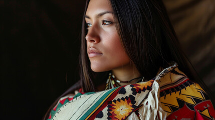 Portrait of American Indian woman in traditional costume. 