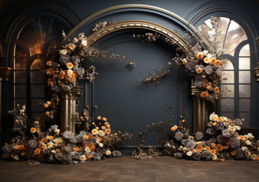 A captivating indoor photo backdrop with dark plants, a wedding column, and a blank wall, setting the stage for elegance