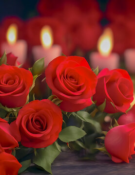 Vertical photograph of a bouquet of red roses and candles in a blurred background. love concept