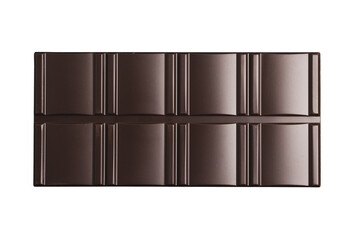 Delicious dark chocolate bar isolated on white background, top view