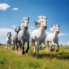 A herd of white horses galloping on the field. Close-up. Thoroughbred horses are running in the meadow.