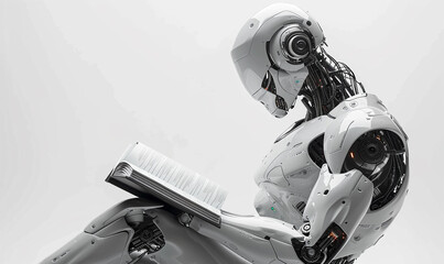 Cyborg reading book. AI learning and analysis concept. white background with copy space.