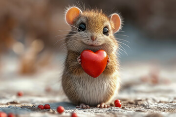 Cute little mouse with a big red heart for Valentine's Day generative ai