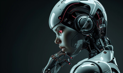 Female Cyborg thinking pose on dark background. Dark Copy space