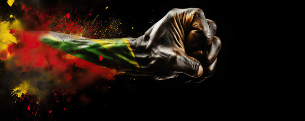 Human Hand Fist with Red, Yellow, and Green Color oil Painting and Splashes on Black Background, Copy Space Illustration for Black History Month