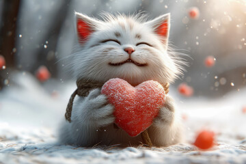 Cute cat with a big red heart for valentines day generative ai  - obrazy, fototapety, plakaty