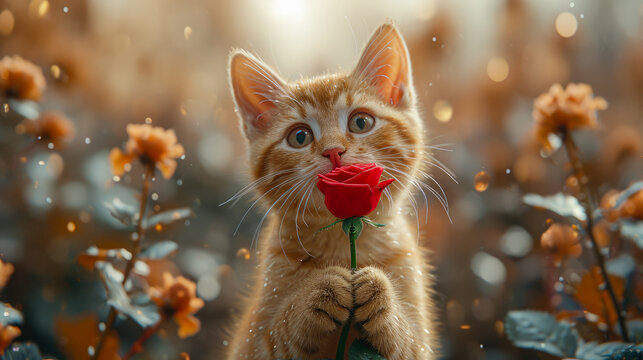 Cute cat with a big red rose for valentines day generative ai