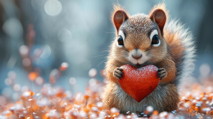 Cute squirrel holding a big red heart, Happy valentine's Day generative ai
