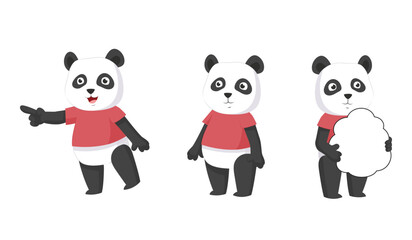Cute Panda Cartoon Character Set with Different Poses. Panda Standing, Pointing Finger and Holding Bubble Box Vector Illustration