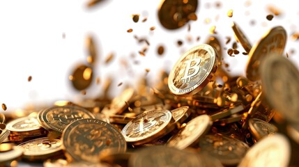 Gold Bitcoin coins flying on a white background
