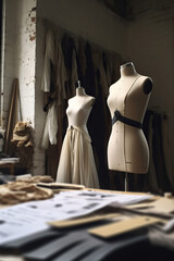 Fashion designer clothes on a mannequin in a workshop.