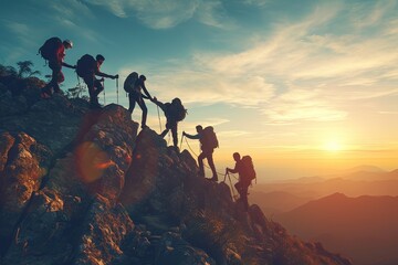 Beautiful view of people climbing mountains at sunrise
 - obrazy, fototapety, plakaty