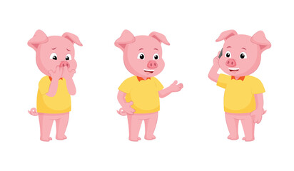 Cute Pig Cartoon Character Set with Different Poses. Pig Hands on Mouth, Talking on Phone Vector Illustration