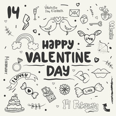 Hand drawn happy valentine day doodle cute elements. Design for prints  cards and coloring pages.