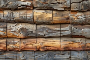 Dark wooden log wall. Brown wood log wall texture, natural background. Sideways Stacked Logs
