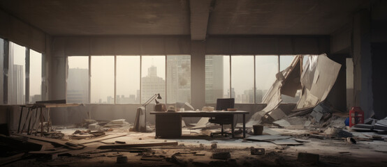 A dilapidated office lays in ruins, morning light casting a somber mood over the remnants of a once-busy corporate life