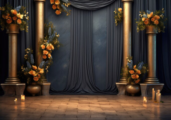 A captivating indoor photo backdrop with dark plants, a wedding column, and a blank wall, setting the stage for elegance