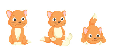 Set of Cute Cartoon Ginger Cat Sitting with Different Poses Vector Illustration
