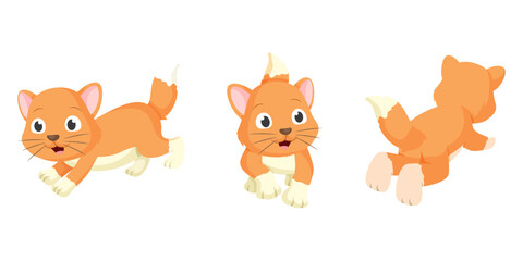 Set of Cute Cartoon Ginger Cat Running with Different Angles Front, Side and Back Vector Illustration
