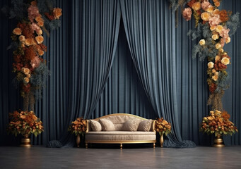A captivating indoor photo backdrop with dark plants, a wedding column, and a blank wall, setting the stage for elegance