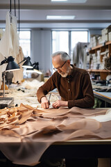 Senior fashion designer working on new collection of clothes in his studio.