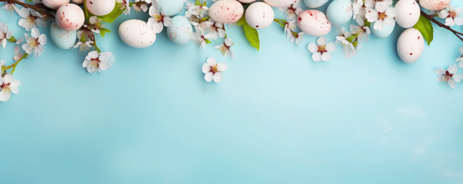 Border of Colorful Easter eggs with spring blossom flowers on light blue background with copy space. View from above