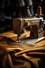 Sewing machine and sewing accessories on fabric background. Selective focus