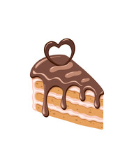 A piece of chocolate cake with a chocolate heart for Valentine's day. Color vector illustration on a white background.