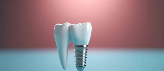 Fotobehang 3D rendering, dental implant Healthy gums and with light blue copy space background © MBRAMO