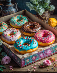 Delectable Assortment: Gourmet Donuts Adorned with Sprinkles and Nuts in a Gift Box