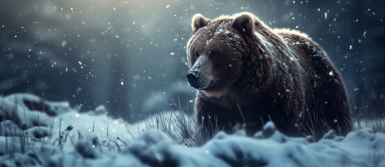 In the quiet of the forest, a brown bear is a portrait of wild endurance as snowflakes drift around its solemn presence