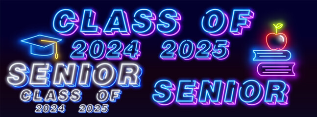 Class of 2024 year, graduation vector banner over black background, educational gold heading design for class 2023 - obrazy, fototapety, plakaty