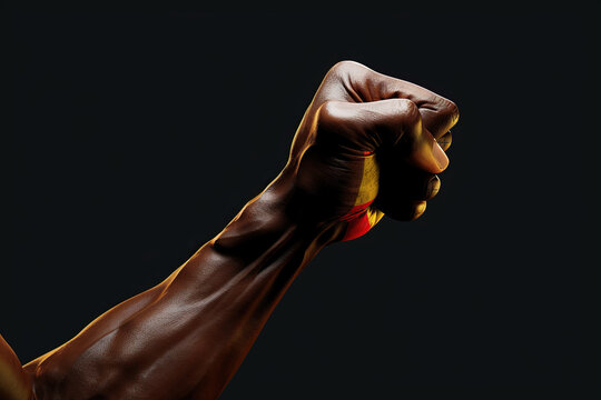 Black History Month, Human Hand Fist with Red, Yellow, and Green Color Oil Painting and Splashes on Black Background