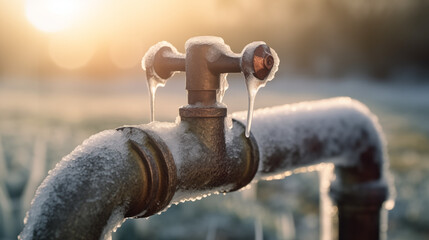 Frozen garden water tap on a cold winter morning, frozen pipes and faucets - obrazy, fototapety, plakaty