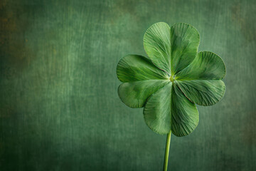 Four-leaf green clover for good luck on St. Patrick's Day, bright green background, holiday concept...