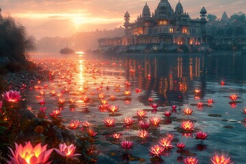 Ariel shot, Pilgrims release lotus flowers into the sacred Nile, honoring both the river and their beliefs. cinematic, unreal engine - obrazy, fototapety, plakaty