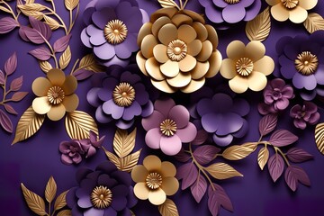 3d paper flowers and leaves background in plum, violet and gold, floral botanical wallpaper. AI generated illustration. Design for greeting card background, beauty products, fashion, template banner