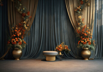 A captivating indoor photo backdrop with dark plants, a wedding column, and a blank wall, setting the stage for elegance
