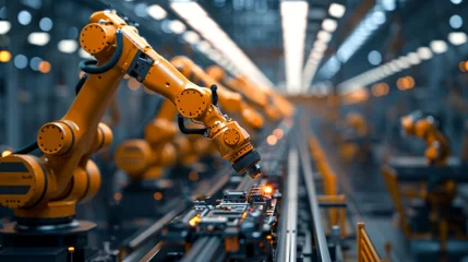 Foto op Canvas Car manufacturer. The car factory digitalization industry. Automated Robot Arm Assembly Line Manufacturing High-Tech Electric Vehicles © ND STOCK