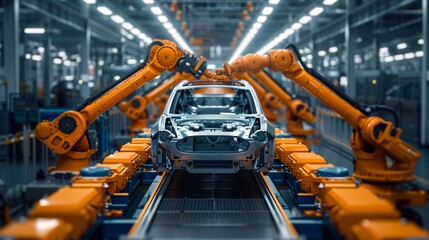 Car manufacturer. The car factory digitalization industry. Automated Robot Arm Assembly Line Manufacturing High-Tech Electric Vehicles