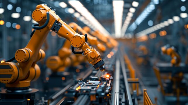 Car manufacturer. The car factory digitalization industry. Automated Robot Arm Assembly Line Manufacturing High-Tech Electric Vehicles