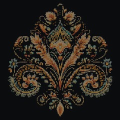 Textured embroidery floral turkish Paisley pixel pattern. Tapestry ethnic style background illustration. Cross stitch chart. Vintage embroidery Paisley flowers ornament. Ornate embroidered texture