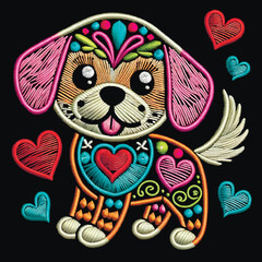 Embroidery textured ornamental smiling cute colorful funny puppy with love hearts. Bright tapestry little puppy dog. Embroidered vector background illustration. Beautiful decorative bright pattern