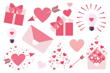 Valentines day Vector Set for Printing Sicker pack. Flat Illustration isolated on white. Great Design Collection for Card, Poster, Banner. Cartoon Heart, Gift box, Love message. Graphic Art Elements.