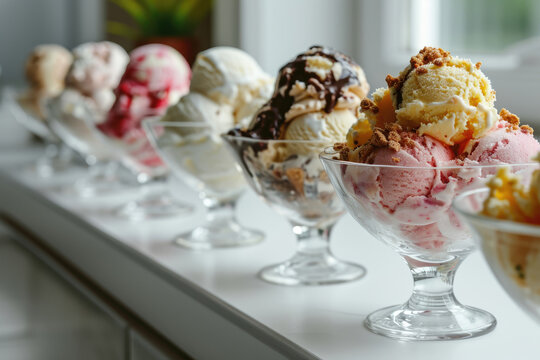 Glass bowls with various ice cream scoops on the table