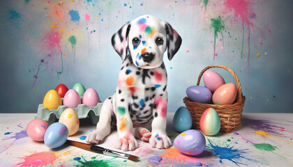 Dalmatian Puppy Sitting in Front of Painted Easter Eggs